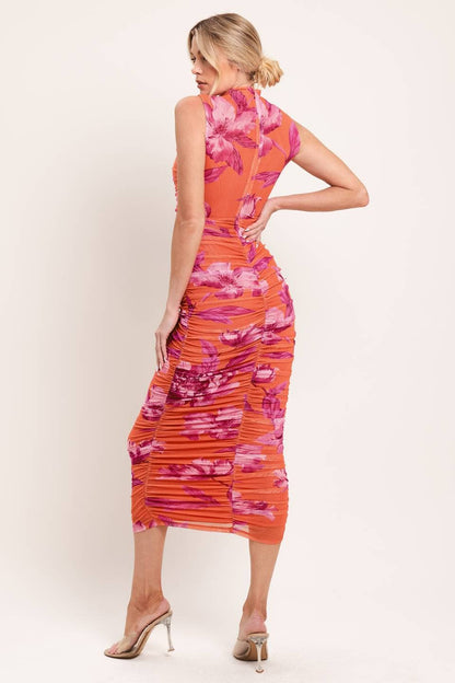 A printed power mesh midi dress - ID23739 ORANGE