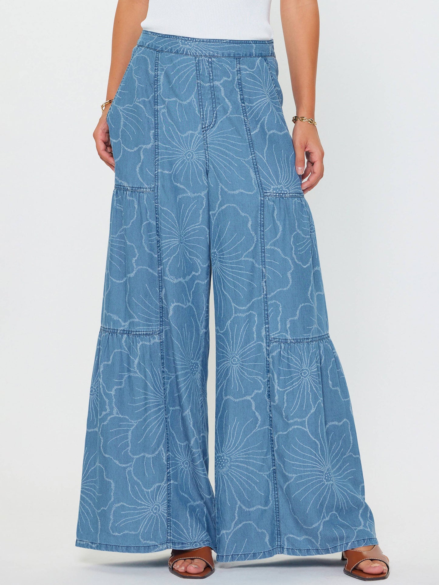 Floral Chambray Wide Leg Pants
