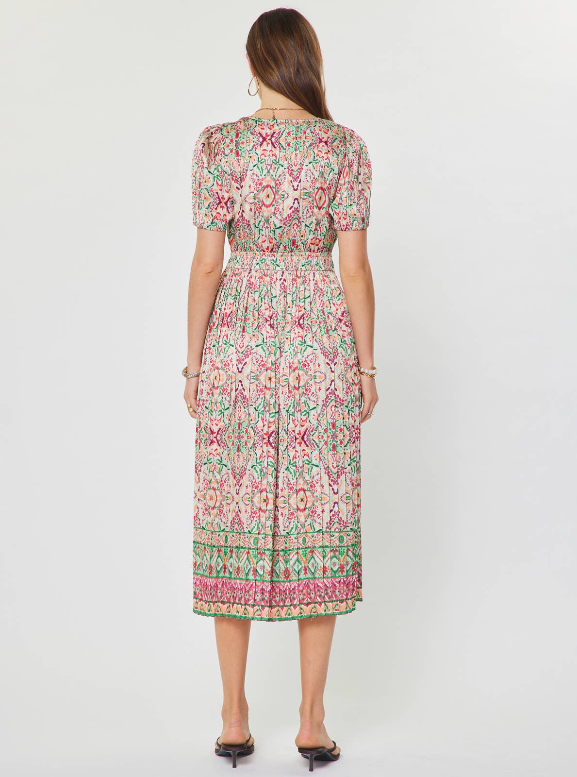 Printed Pleated V-neck Short Sleeve Midi Dress