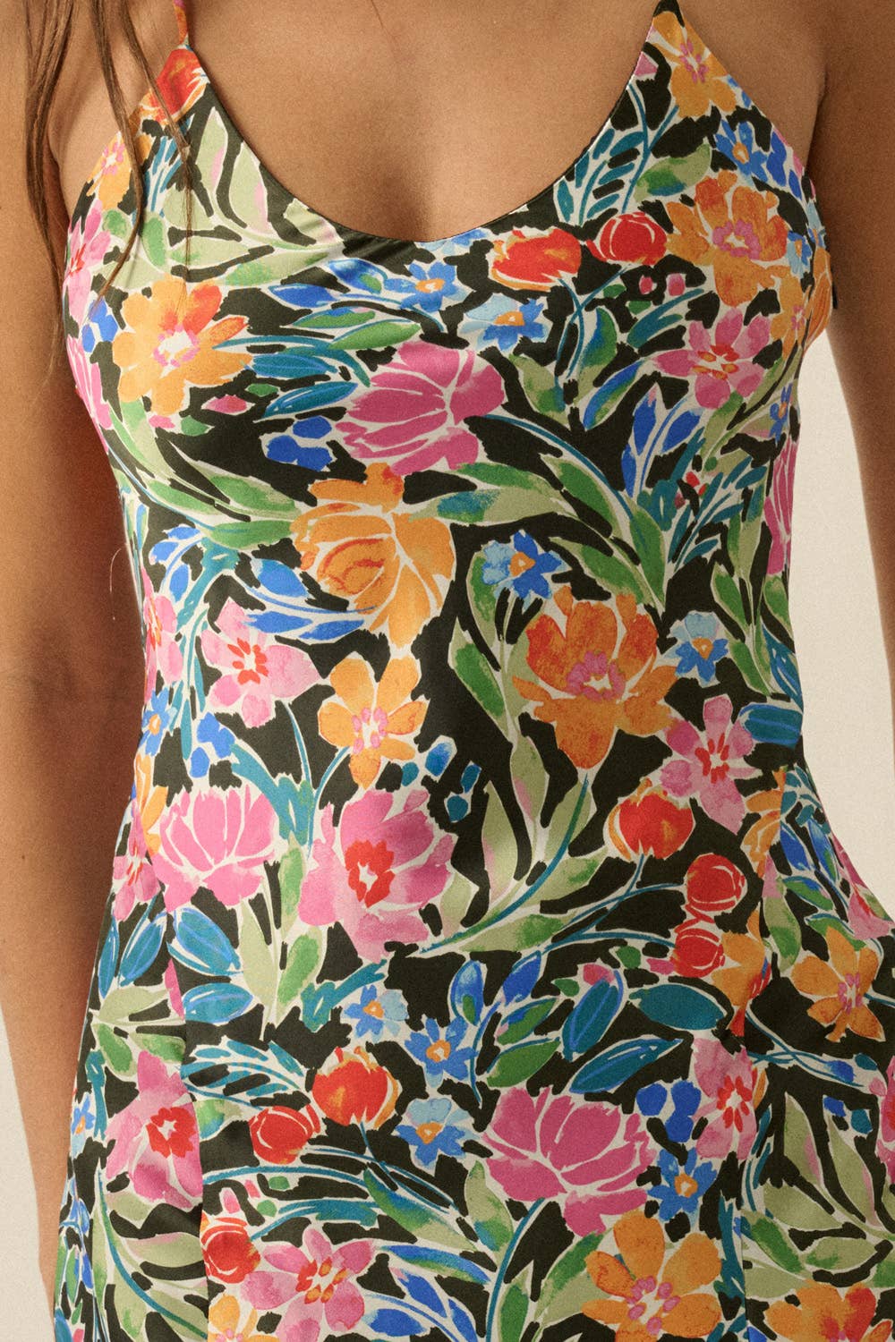 Floral-Print Satin Scoop-Neck Fitted Maxi Slip Dress
