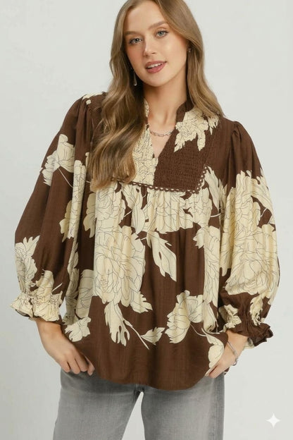 Floral Smocked Yoke Peasant Blouse
