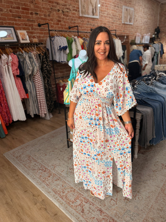 Kimono Sleeve Smocked Waist Maxi Dress with Front Slit