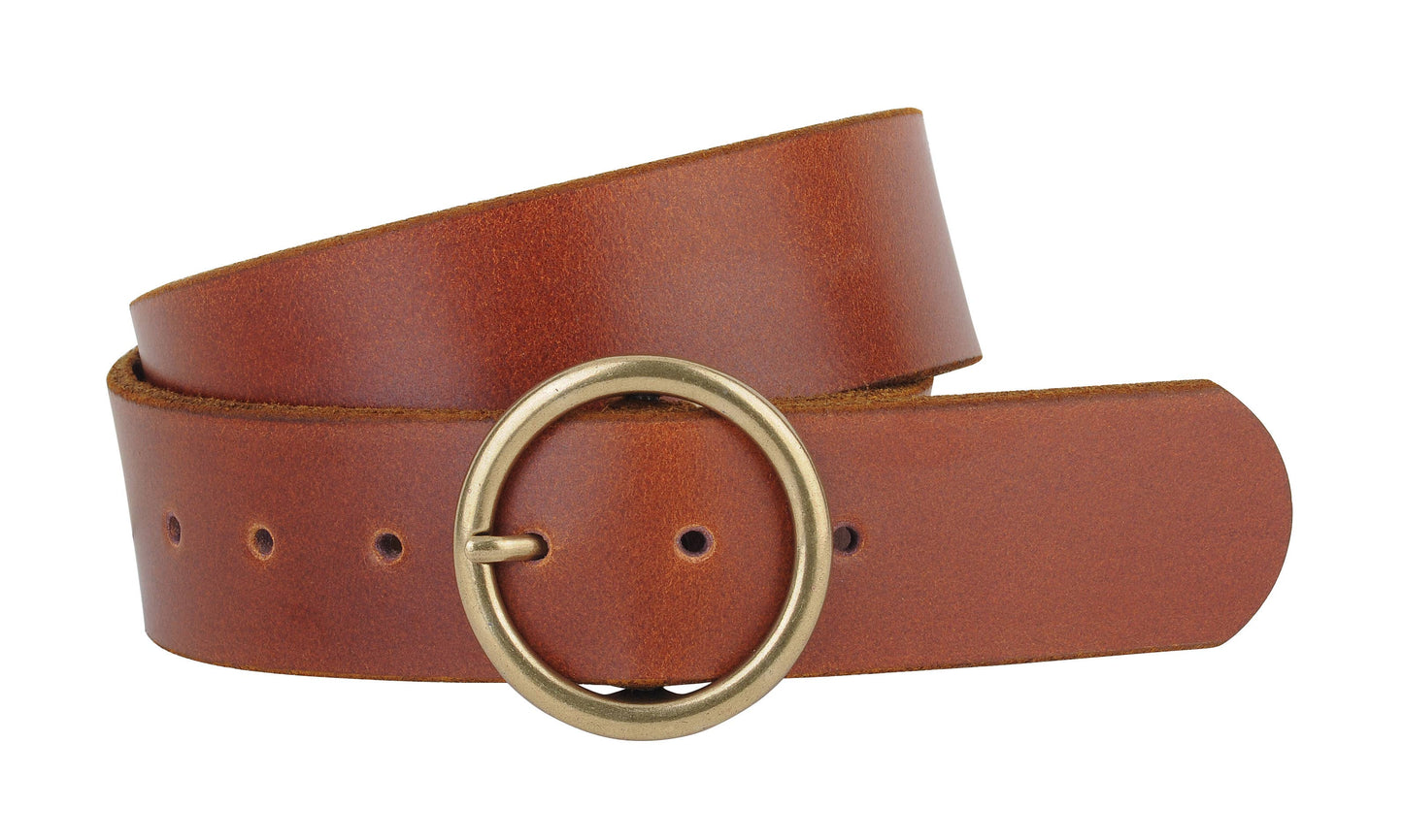 Wide Brass-Toned Circle Buckle Leather Belt