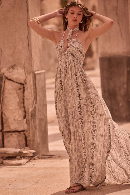 Abstract-Print Crepe High-Waist Tie-Back Halter Maxi Dress