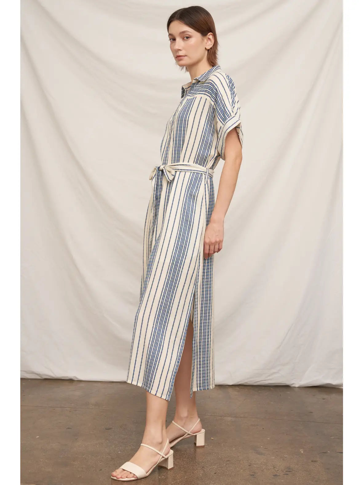 Striped Belted Shirt Midi Dress