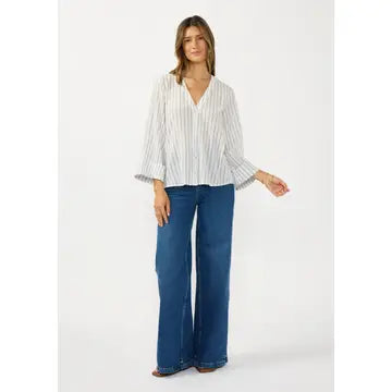 V-Neck Button Down Wide Sleeve Blouse