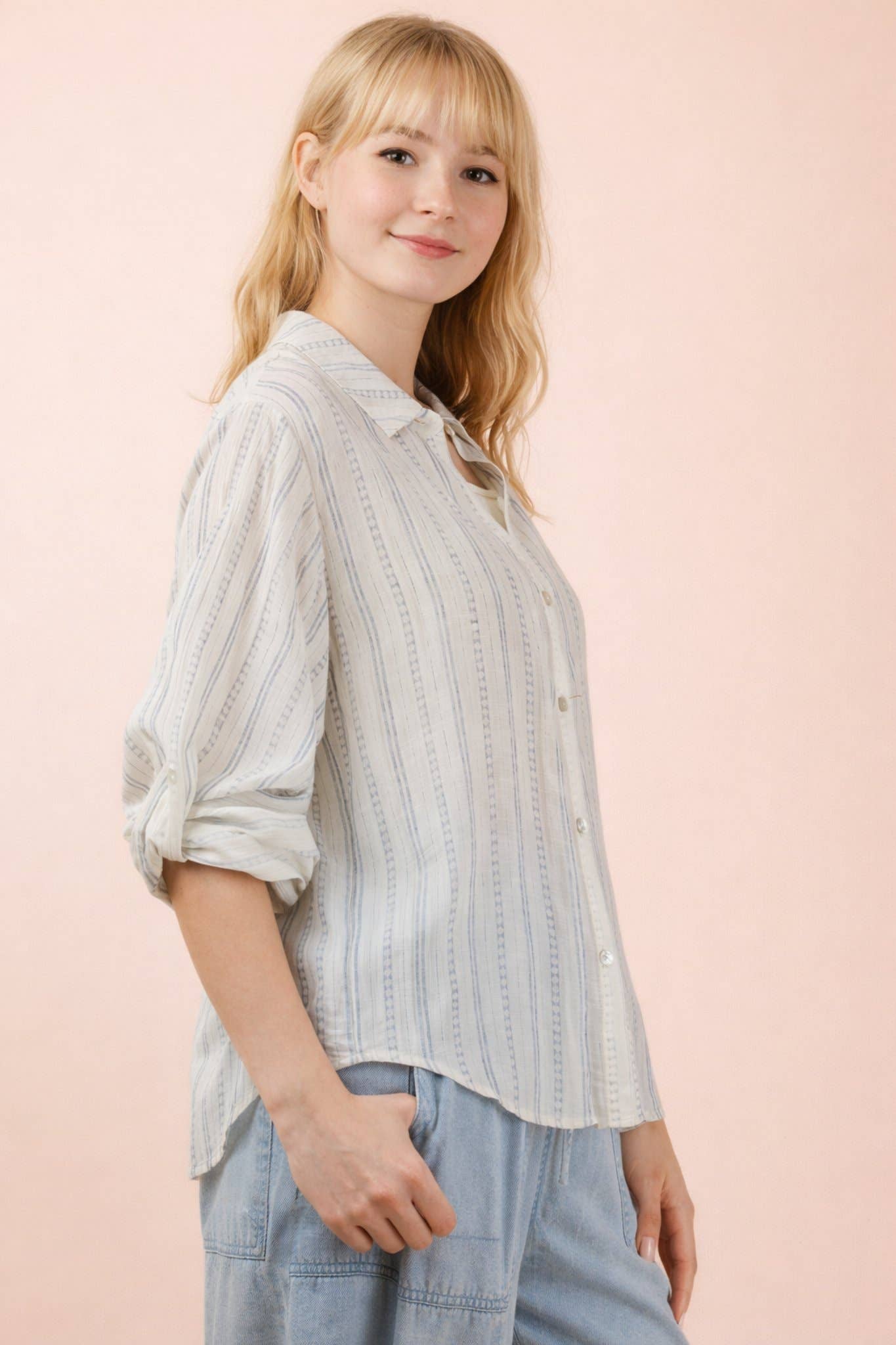 Roll up Half Sleeve Stripe Shirt Top