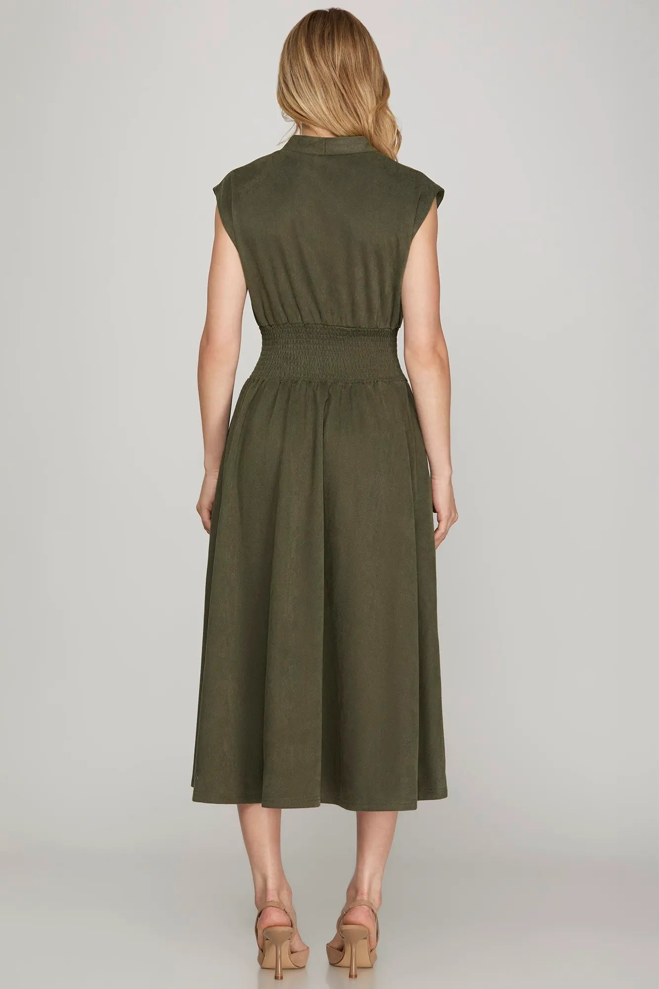 Olive Color Front Zip Midi Dress