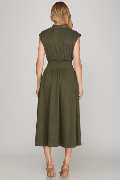Olive Color Front Zip Midi Dress