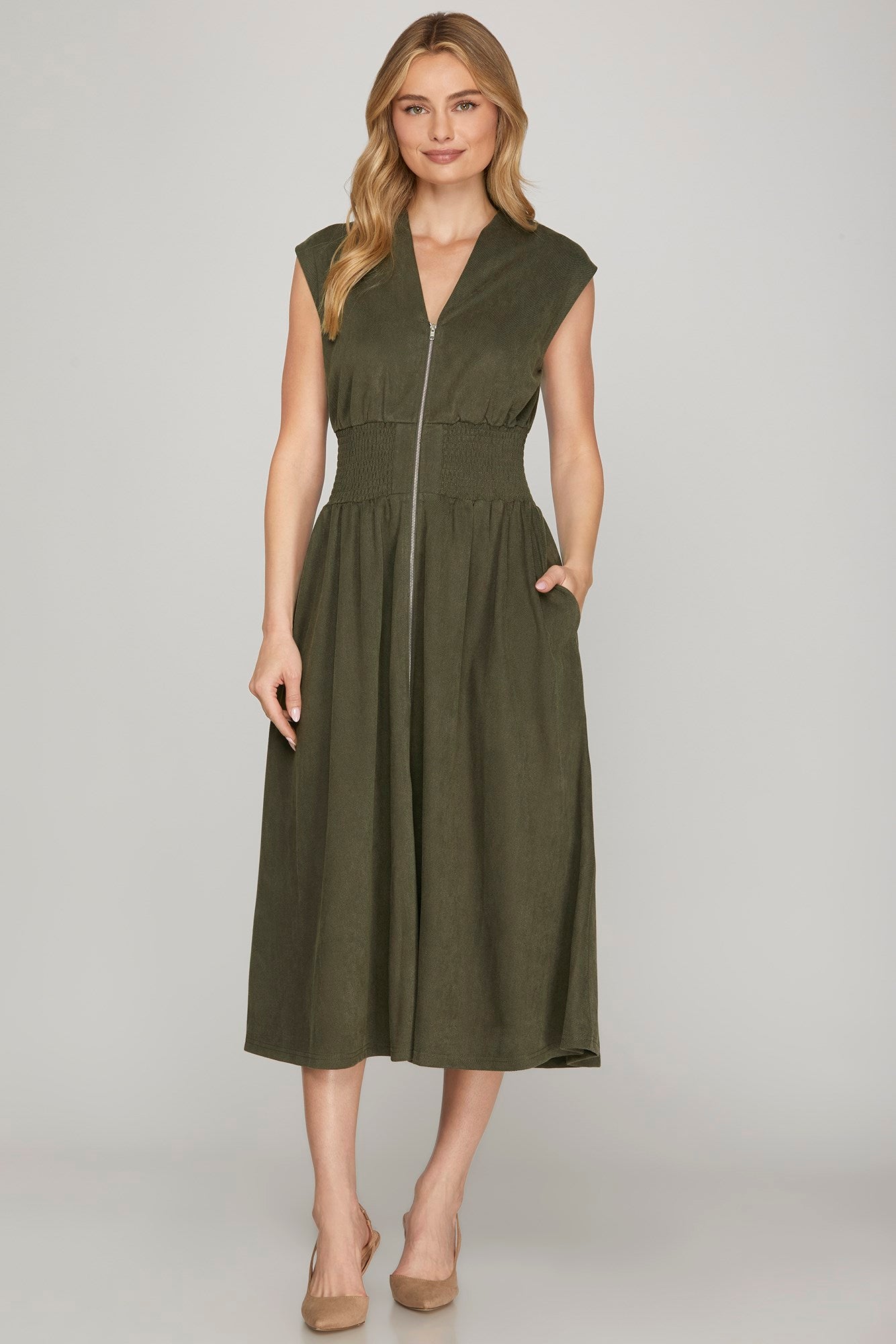 Olive Color Front Zip Midi Dress