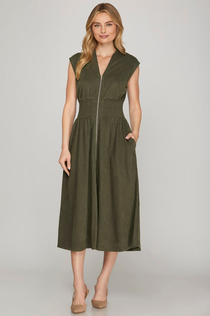 Olive Color Front Zip Midi Dress