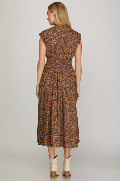 Dusty Rose Print Zip Front Midi Dress