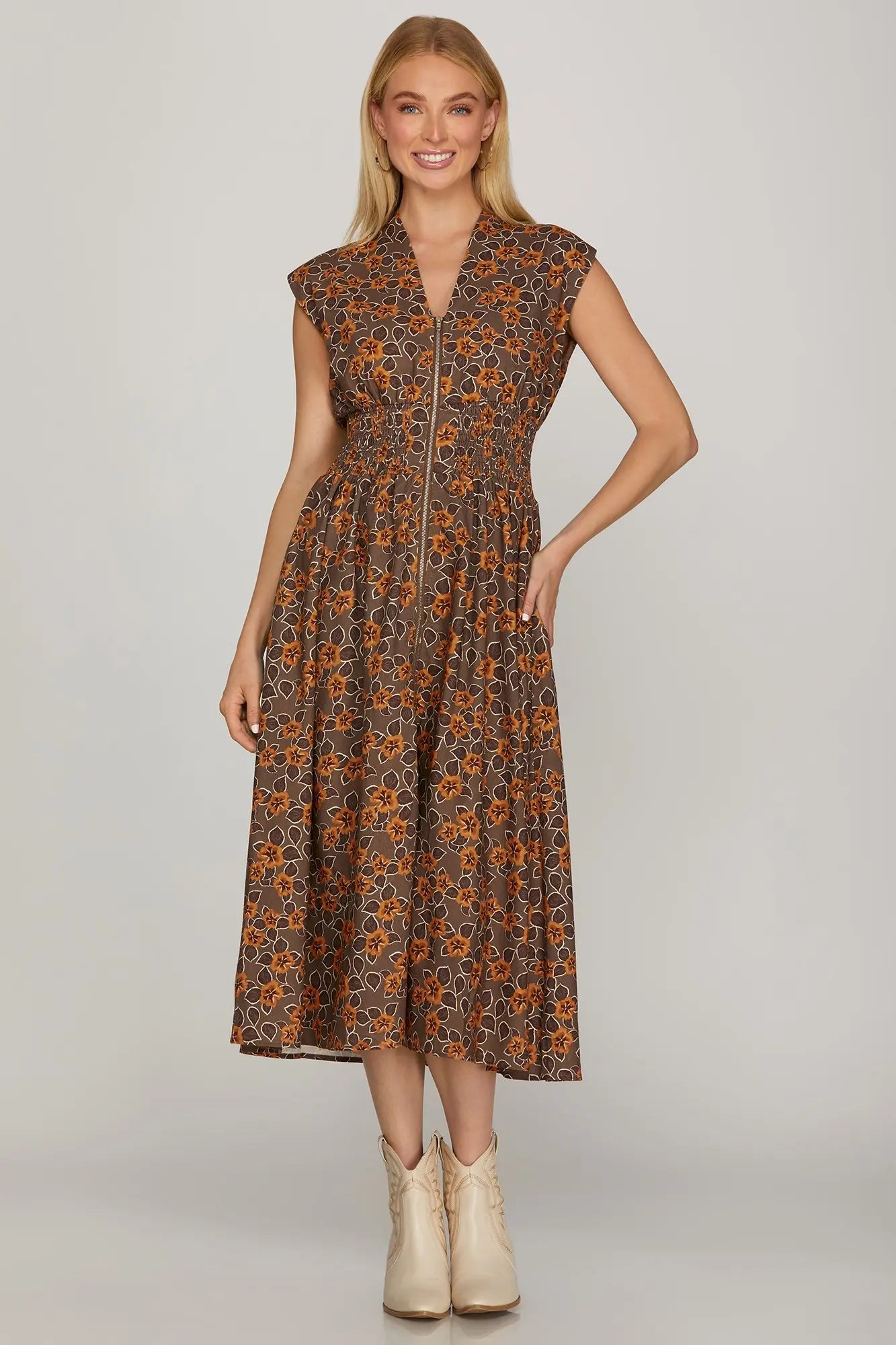 Dusty Rose Print Zip Front Midi Dress