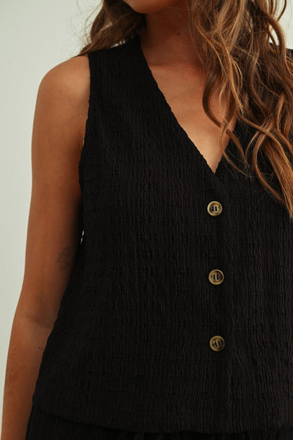 Crinkled Fabric Sleeveless Button Front Top