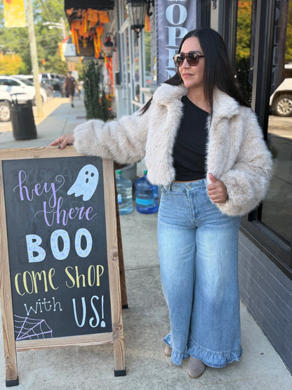 Cream Cropped Fur Jacket