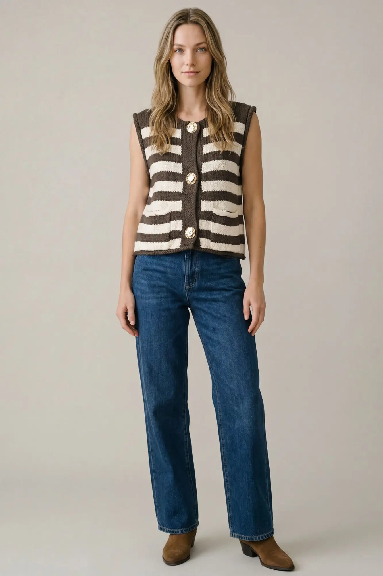 Chocolate Stripe Gold Button Vest