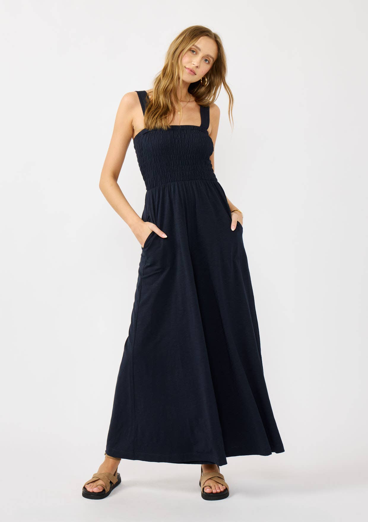 Leg Smocked Bodice Sleeveless Jumpsuit