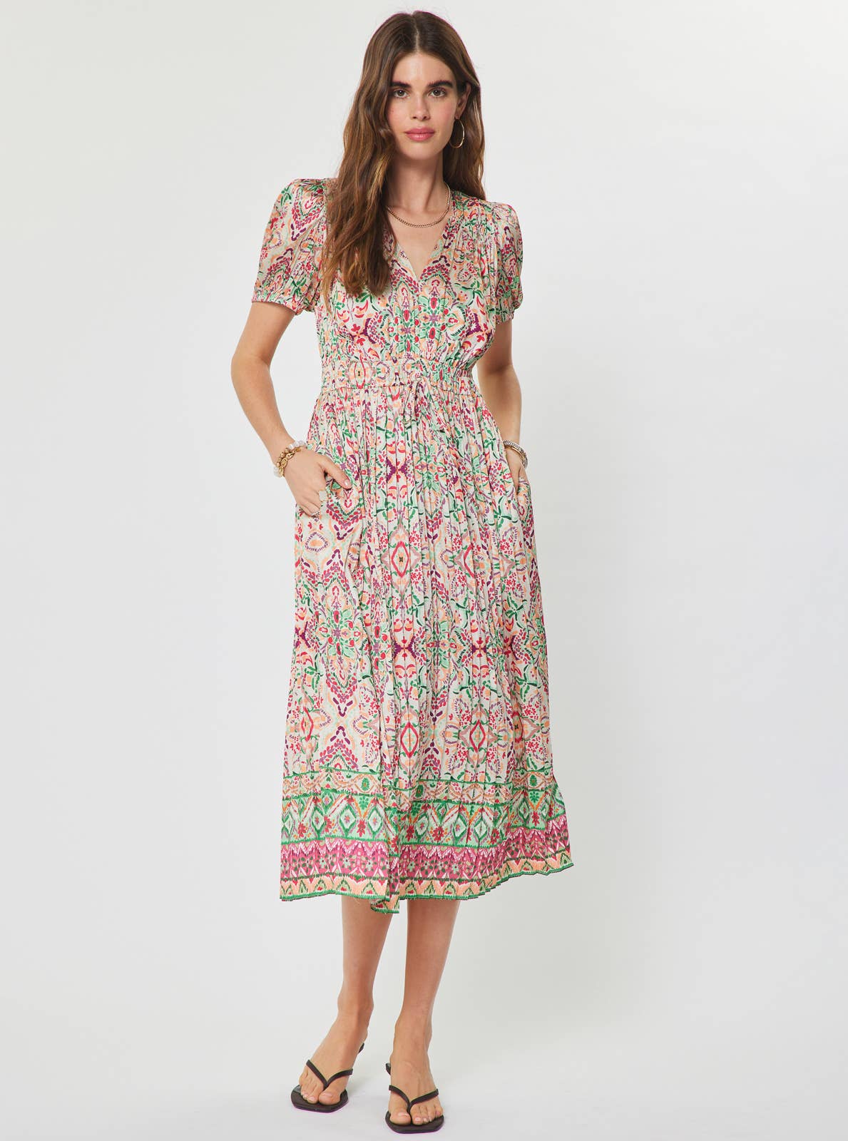 Printed Pleated V-neck Short Sleeve Midi Dress
