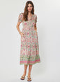 Printed Pleated V-neck Short Sleeve Midi Dress