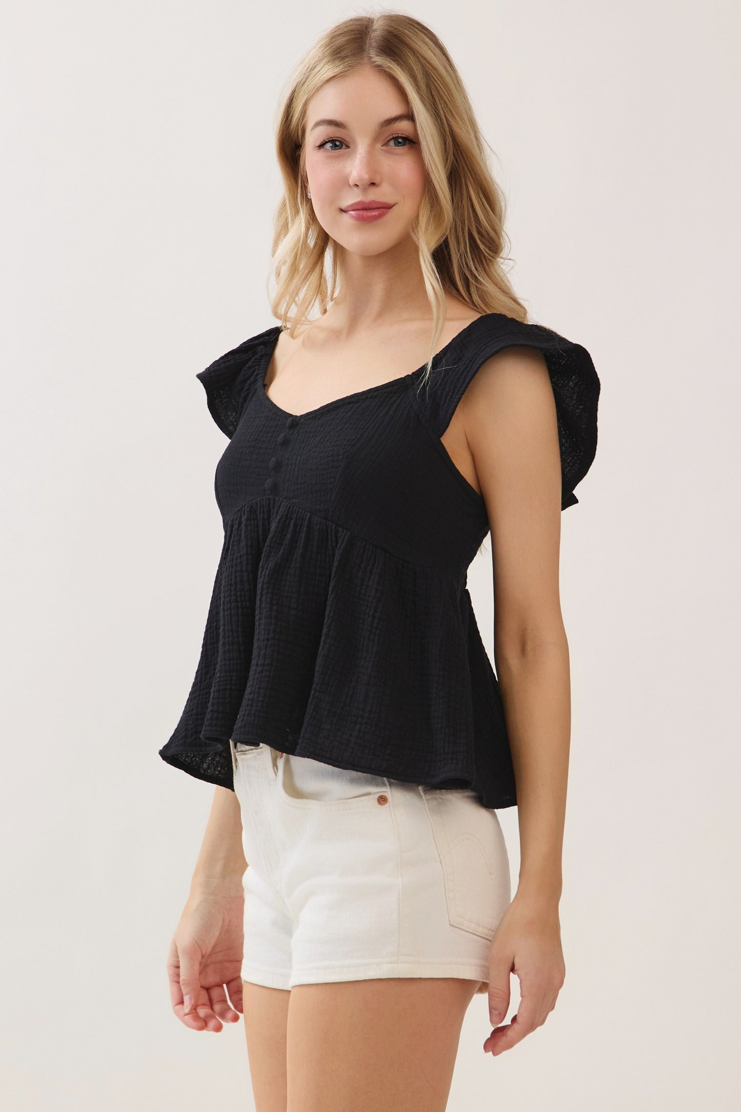 Double Gauze Sleeve Ruffled Babydoll Top