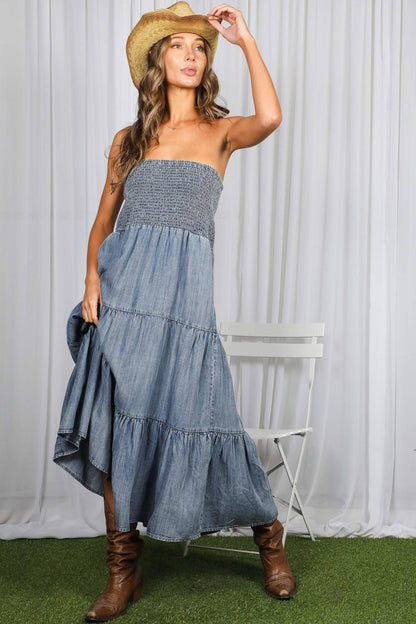 Tube Top Flowy Pocket Chambray Denim Midi Dress