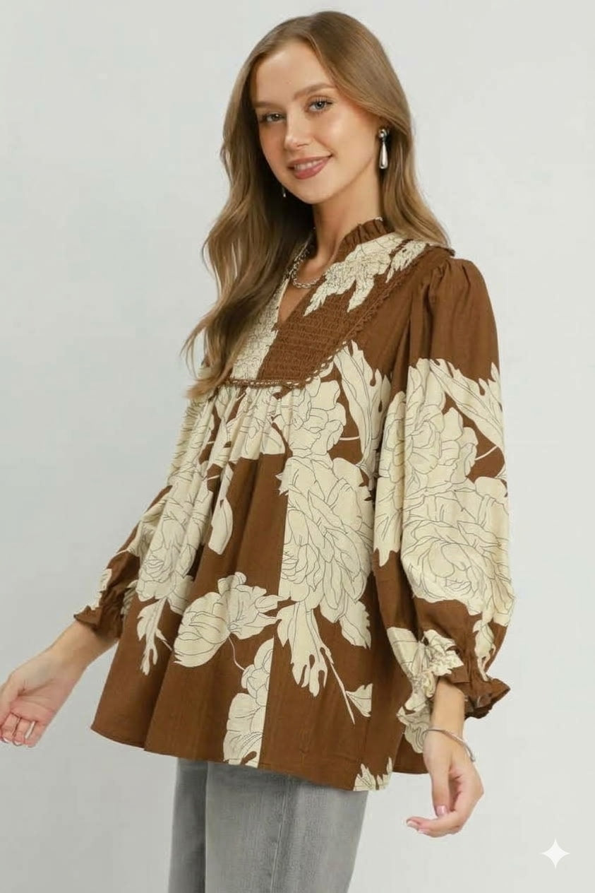 Floral Smocked Yoke Peasant Blouse