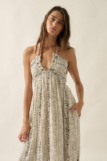 Abstract-Print Crepe High-Waist Tie-Back Halter Maxi Dress