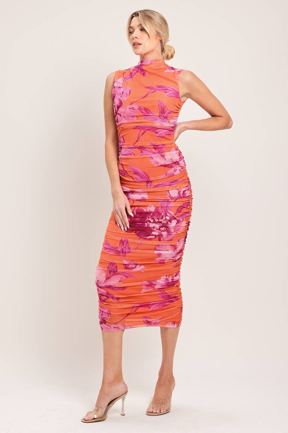A printed power mesh midi dress - ID23739 ORANGE