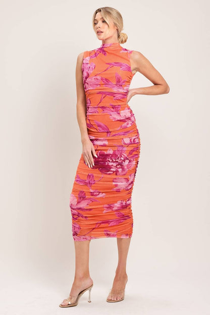 A printed power mesh midi dress - ID23739 ORANGE