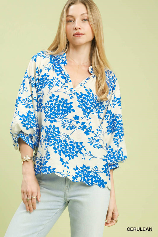 Cherry Blossom Print Scalloped Hem Blouse