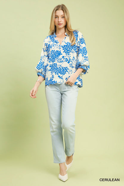 Cherry Blossom Print Scalloped Hem Blouse