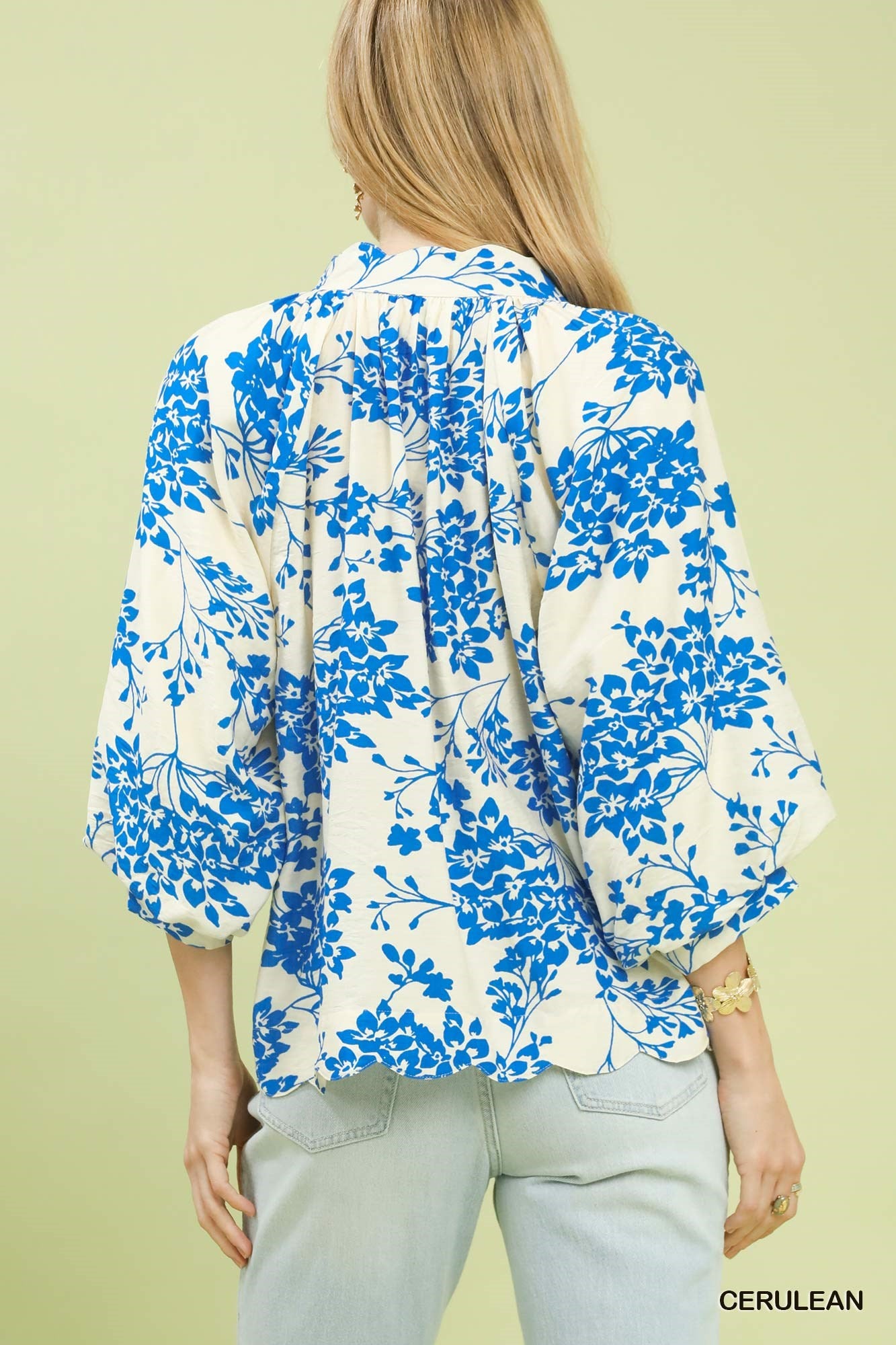 Cherry Blossom Print Scalloped Hem Blouse