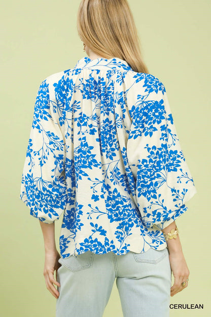 Cherry Blossom Print Scalloped Hem Blouse