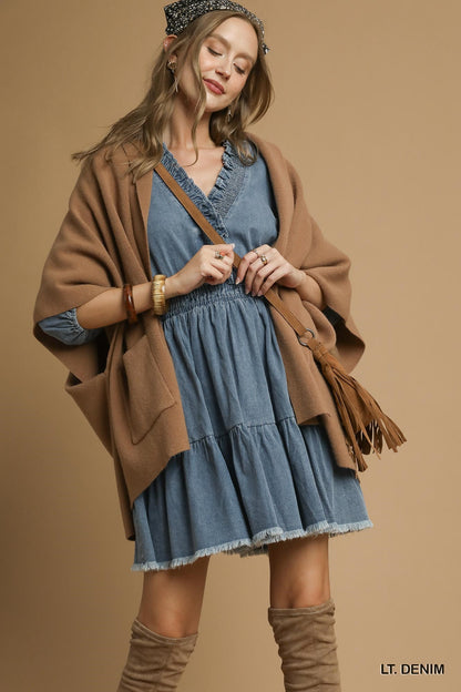 Denim Ruffle Trim Tiered Mini Dress