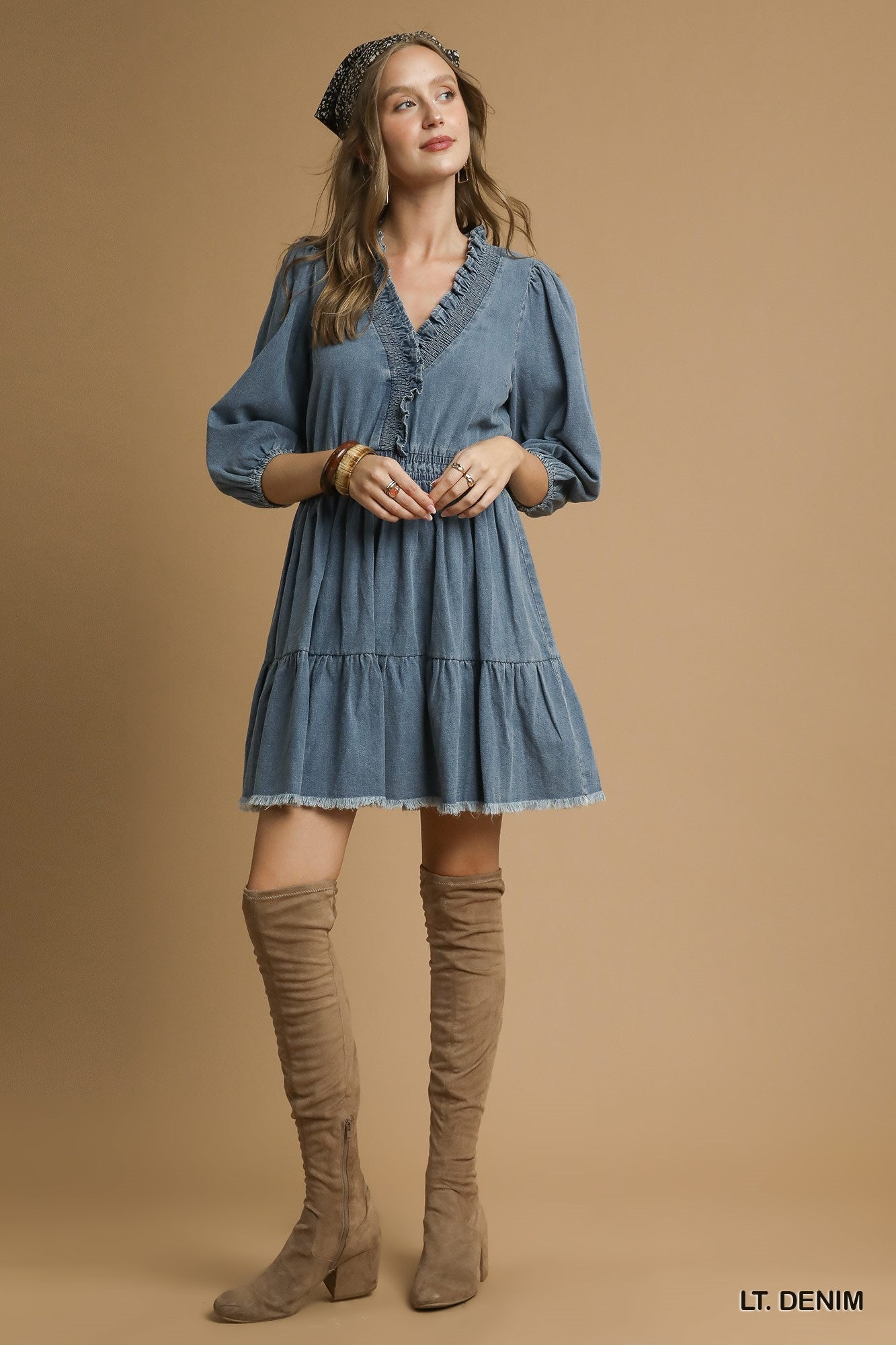 Denim Ruffle Trim Tiered Mini Dress