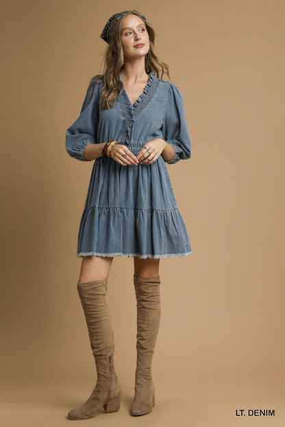 Denim Ruffle Trim Tiered Mini Dress