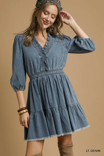 Denim Ruffle Trim Tiered Mini Dress