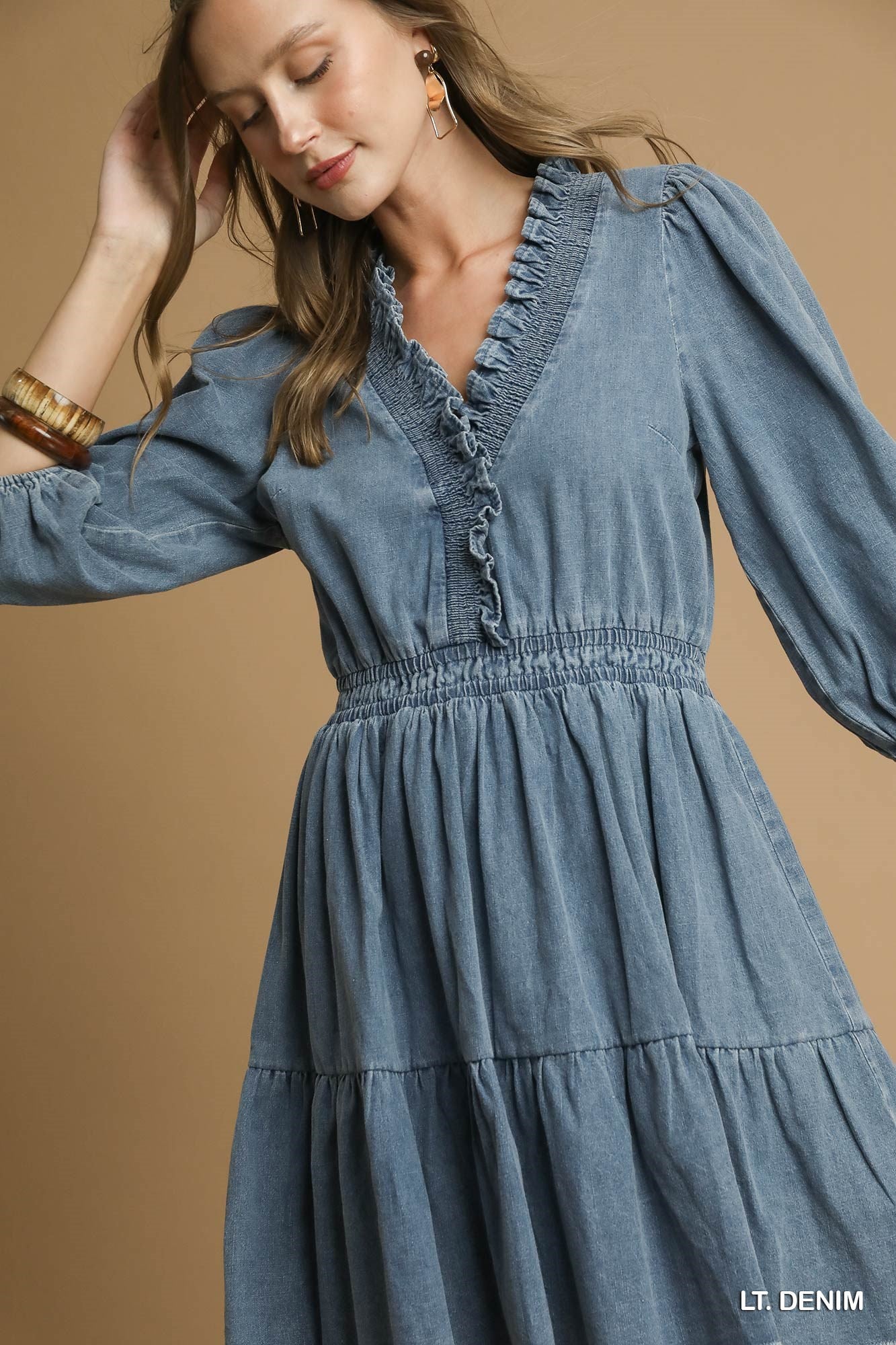 Denim Ruffle Trim Tiered Mini Dress