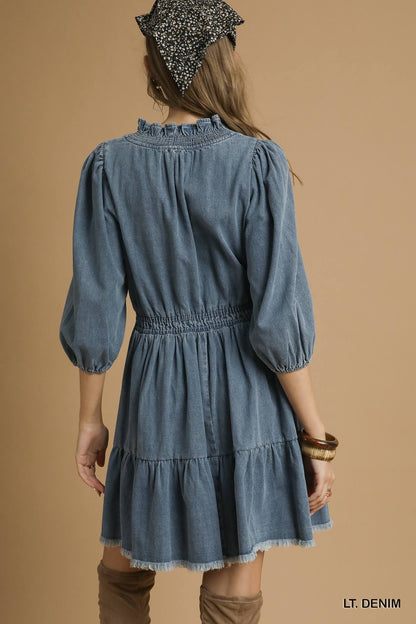Denim Ruffle Trim Tiered Mini Dress