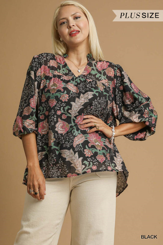 Floral Boho Blouse with Ruffle Collar