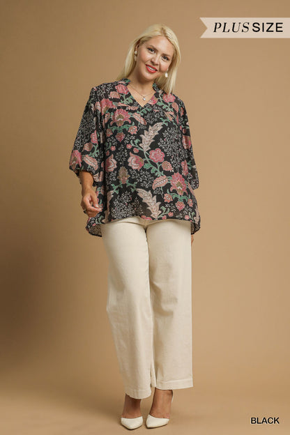 Floral Boho Blouse with Ruffle Collar