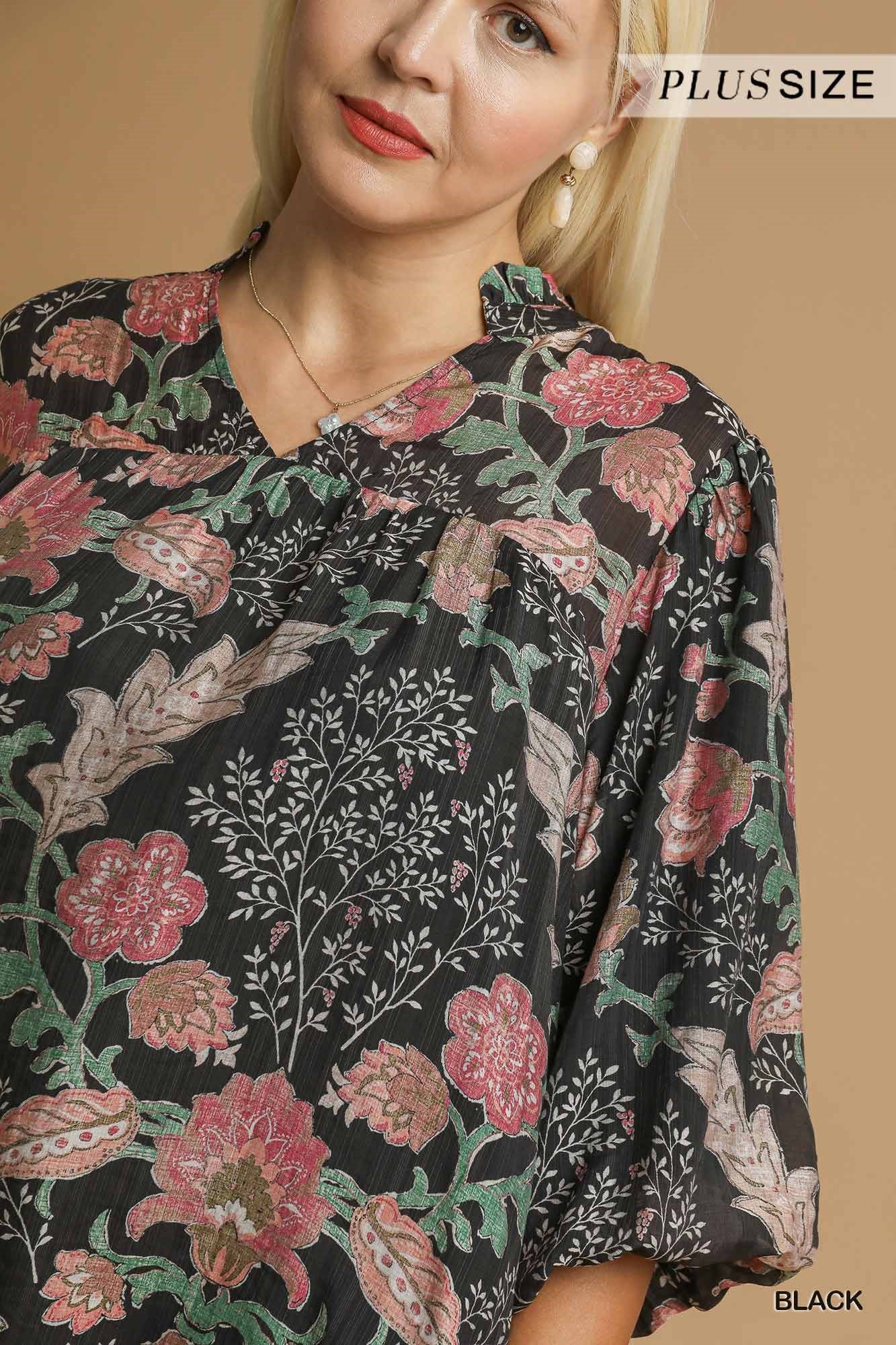 Floral Boho Blouse with Ruffle Collar