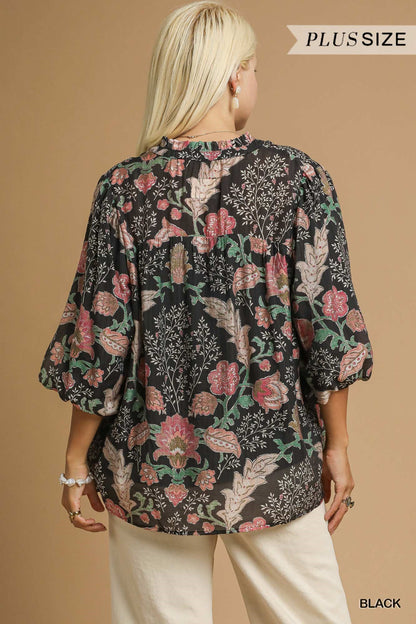 Floral Boho Blouse with Ruffle Collar
