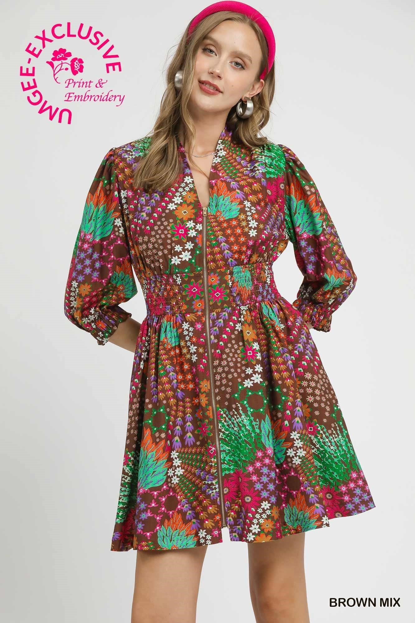 Mix Floral Zip Front Mini Dress