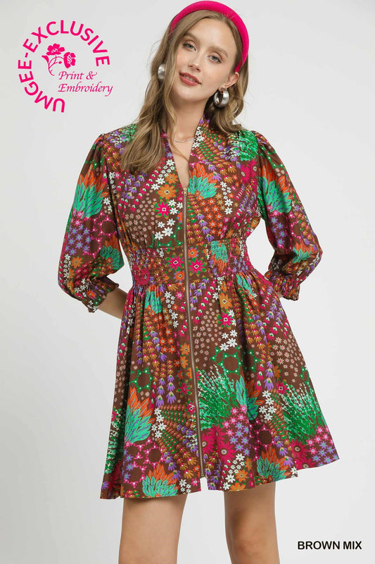 Mix Floral Zip Front Mini Dress