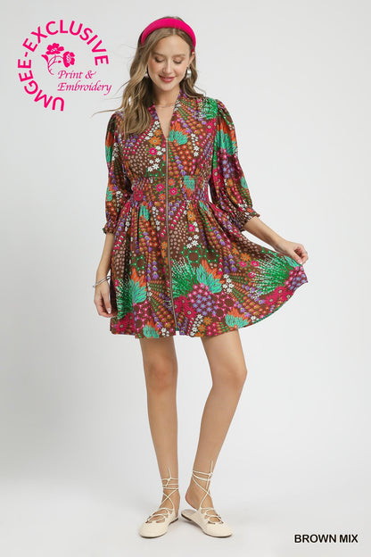 Mix Floral Zip Front Mini Dress