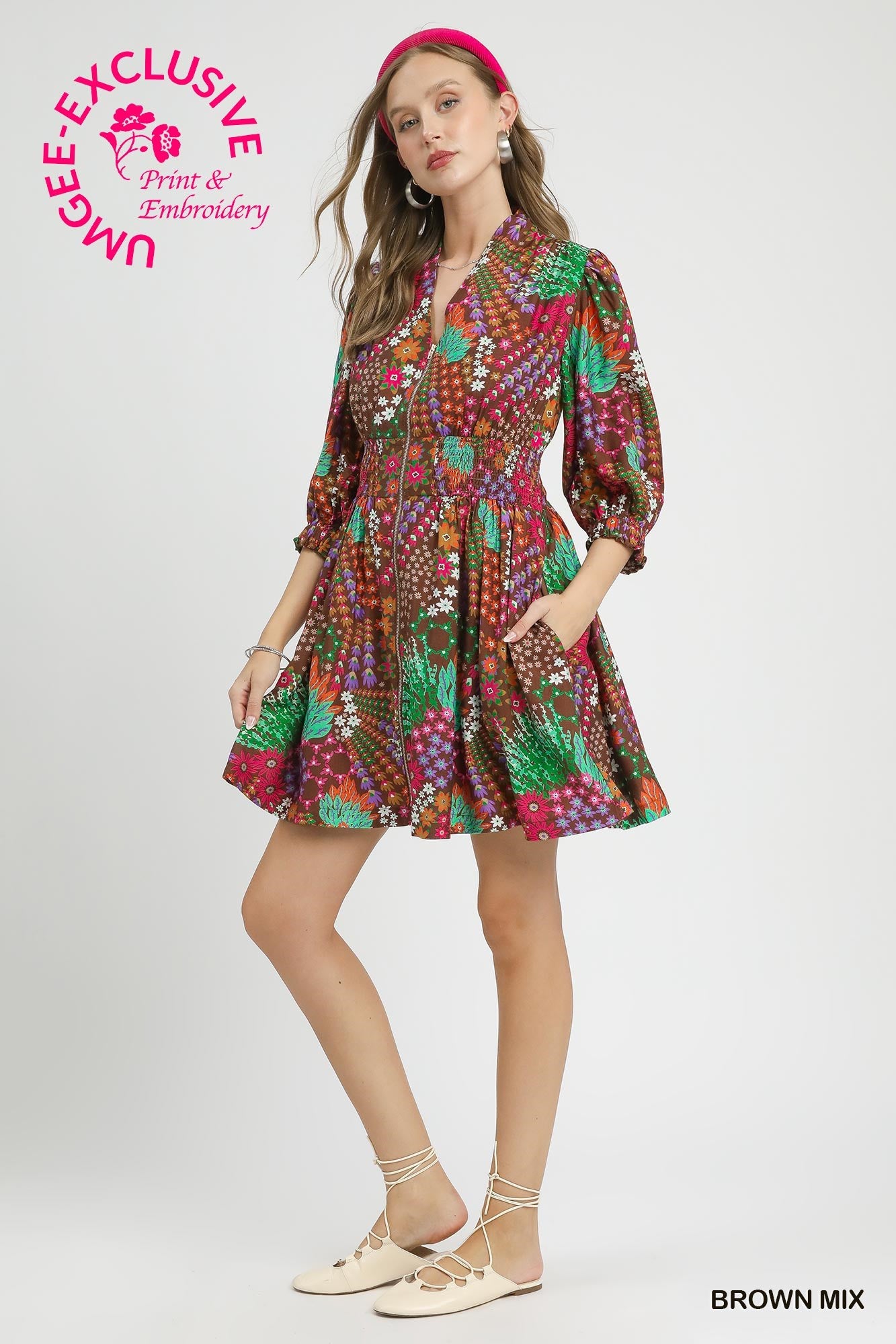 Mix Floral Zip Front Mini Dress