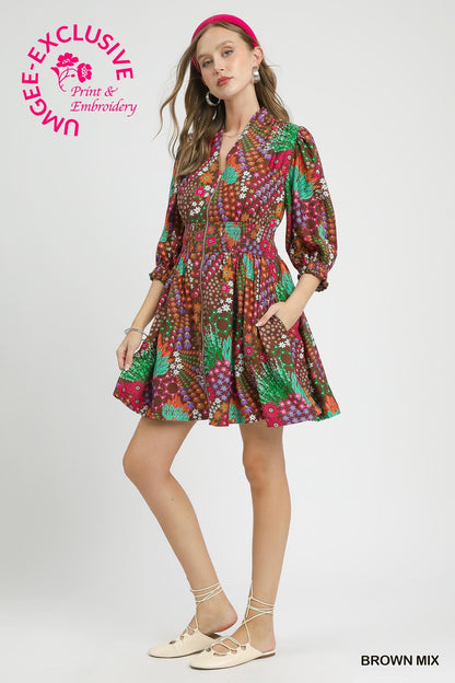 Mix Floral Zip Front Mini Dress