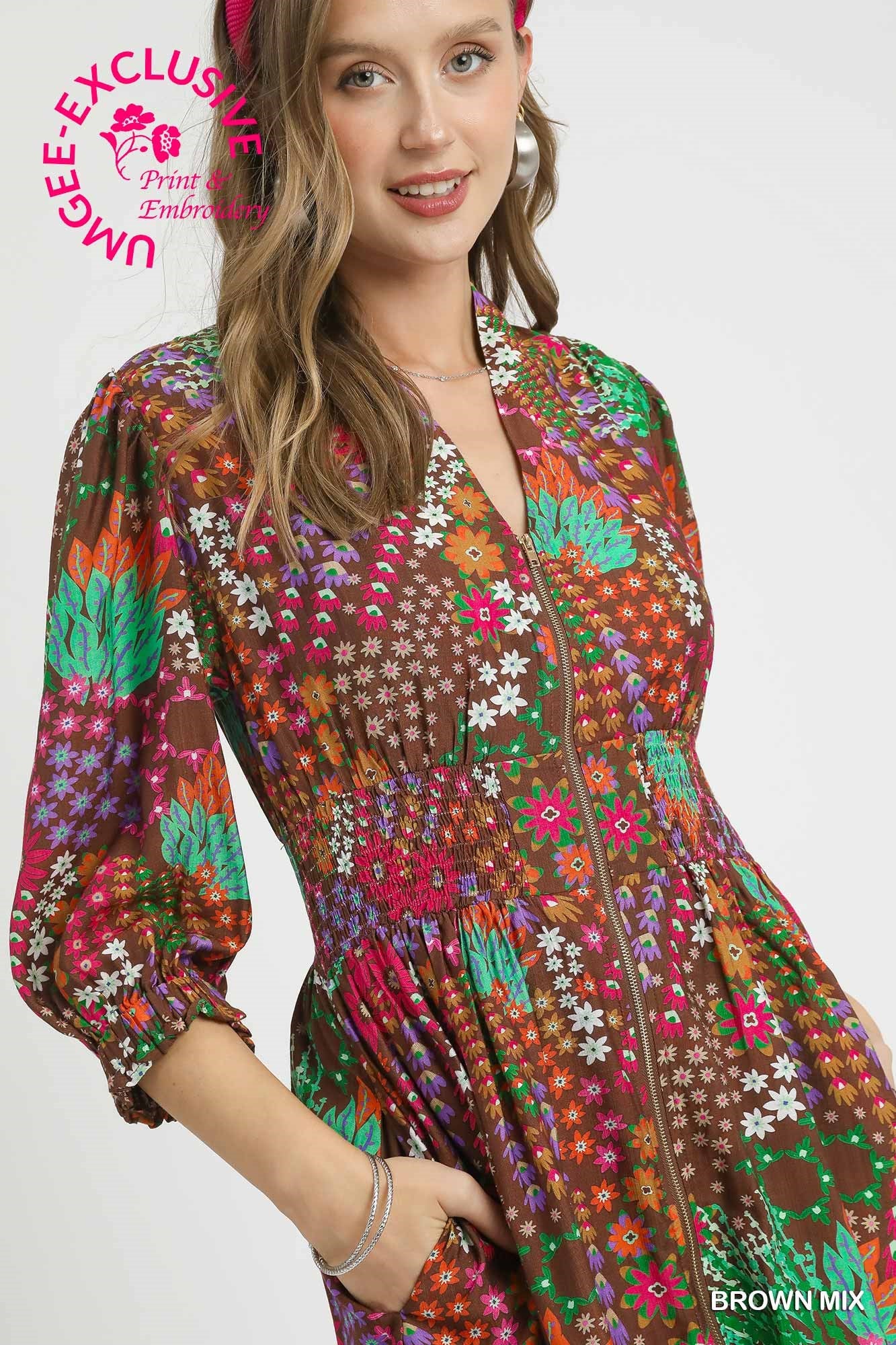 Mix Floral Zip Front Mini Dress