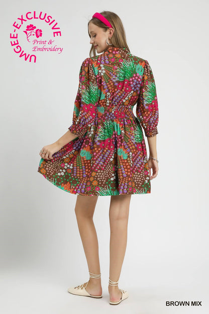 Mix Floral Zip Front Mini Dress